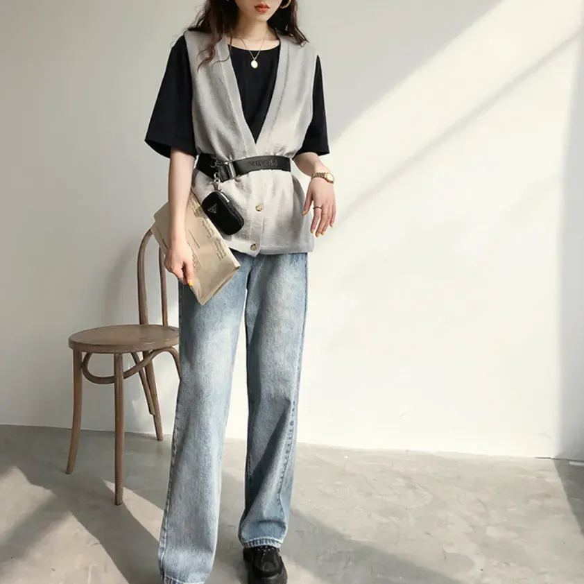 視覺系 休閑 簡約 開叉 套頭 圓領 短袖 素面 遮肉 居家 涼感 T恤