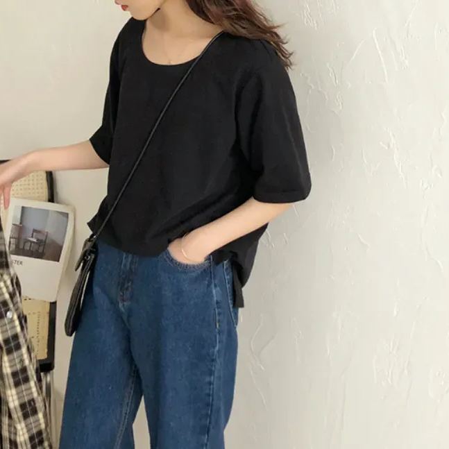 視覺系 休閑 簡約 開叉 套頭 圓領 短袖 素面 遮肉 居家 涼感 T恤