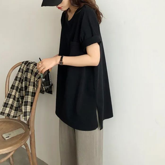 視覺系 休閑 簡約 開叉 套頭 圓領 短袖 素面 遮肉 居家 涼感 T恤