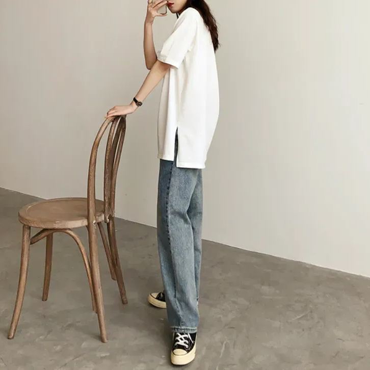 視覺系 休閑 簡約 開叉 套頭 圓領 短袖 素面 遮肉 居家 涼感 T恤