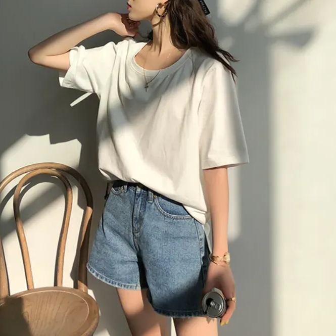 視覺系 休閑 簡約 開叉 套頭 圓領 短袖 素面 遮肉 居家 涼感 T恤
