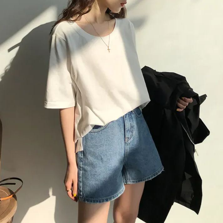 視覺系 休閑 簡約 開叉 套頭 圓領 短袖 素面 遮肉 居家 涼感 T恤