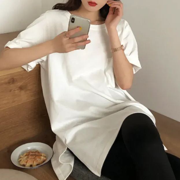 視覺系 休閑 簡約 開叉 套頭 圓領 短袖 素面 遮肉 居家 涼感 T恤