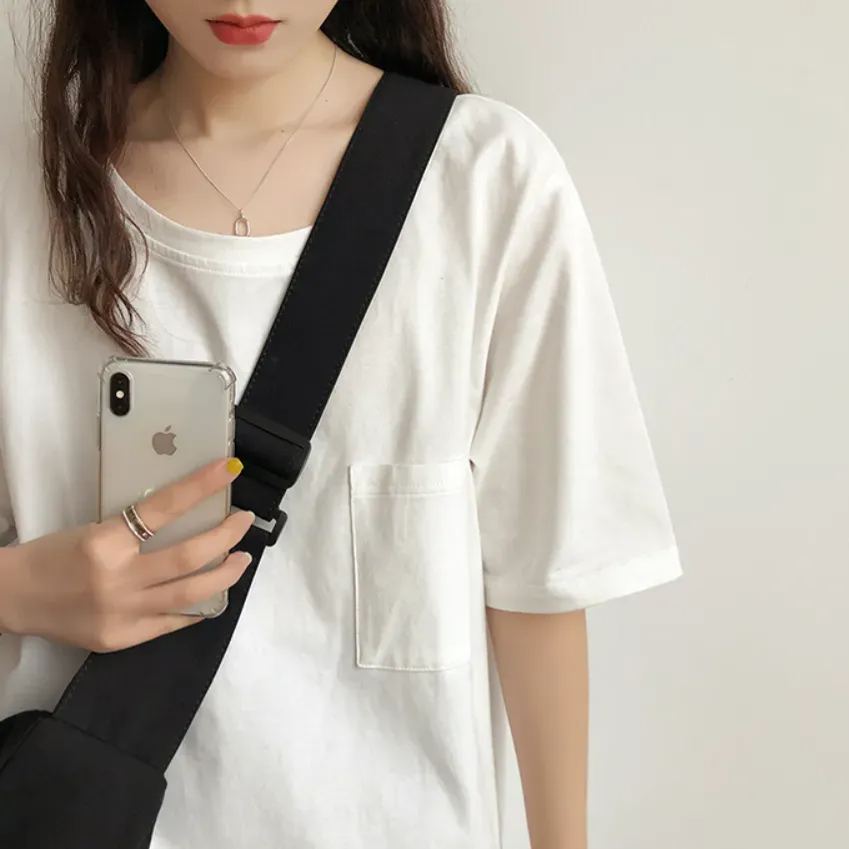 視覺系 休閑 簡約 開叉 套頭 圓領 短袖 素面 遮肉 居家 涼感 T恤