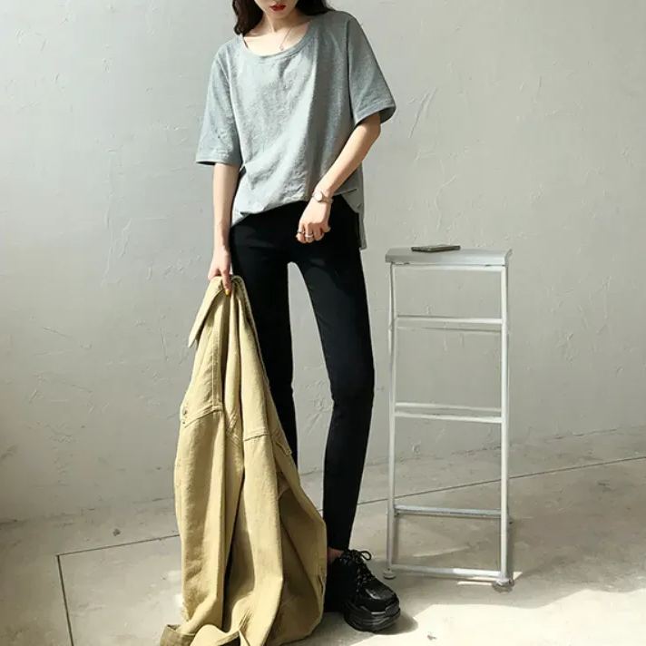 視覺系 休閑 簡約 開叉 套頭 圓領 短袖 素面 遮肉 居家 涼感 T恤