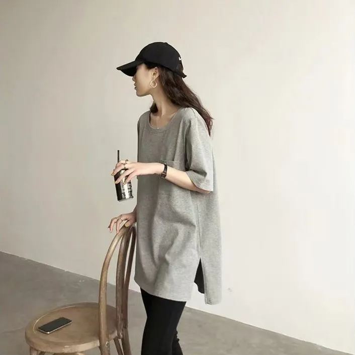 視覺系 休閑 簡約 開叉 套頭 圓領 短袖 素面 遮肉 居家 涼感 T恤