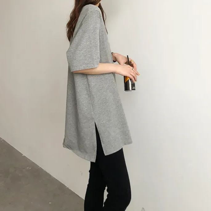 視覺系 休閑 簡約 開叉 套頭 圓領 短袖 素面 遮肉 居家 涼感 T恤