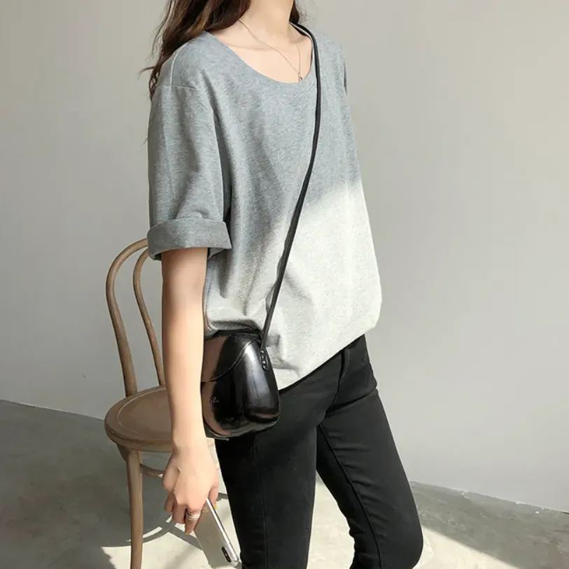 視覺系 休閑 簡約 開叉 套頭 圓領 短袖 素面 遮肉 居家 涼感 T恤