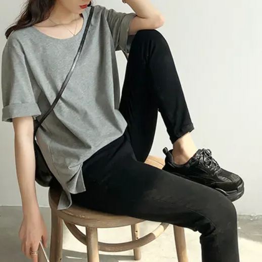 視覺系 休閑 簡約 開叉 套頭 圓領 短袖 素面 遮肉 居家 涼感 T恤