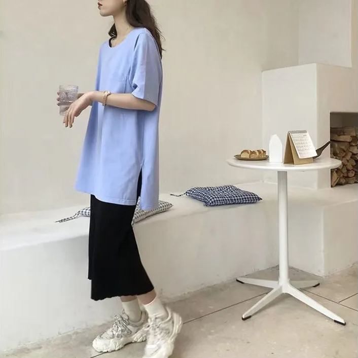 視覺系 休閑 簡約 開叉 套頭 圓領 短袖 素面 遮肉 居家 涼感 T恤