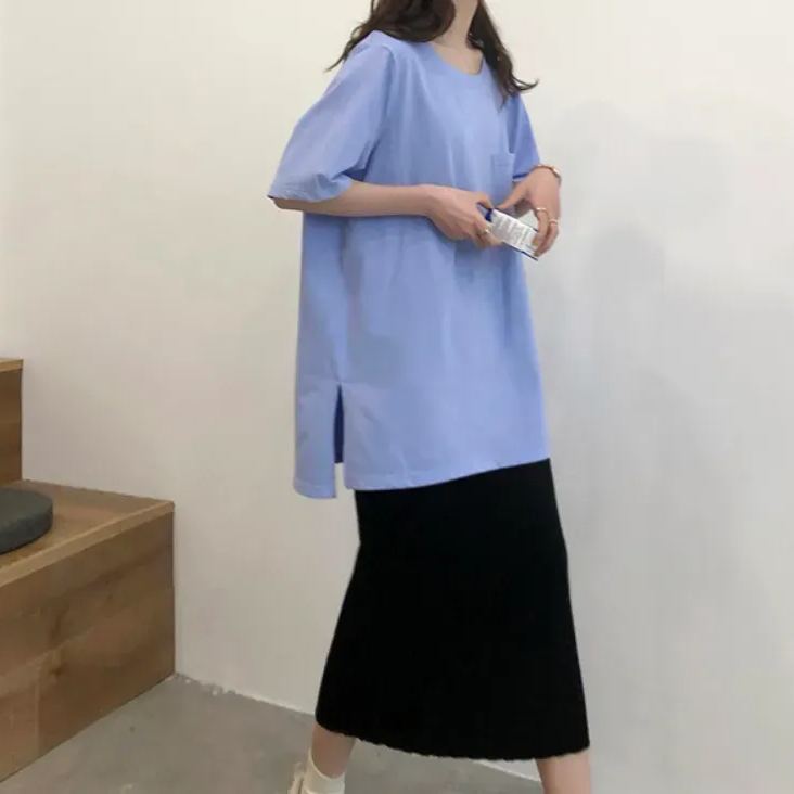 視覺系 休閑 簡約 開叉 套頭 圓領 短袖 素面 遮肉 居家 涼感 T恤