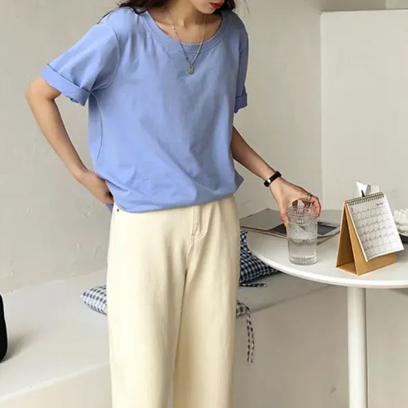 視覺系 休閑 簡約 開叉 套頭 圓領 短袖 素面 遮肉 居家 涼感 T恤