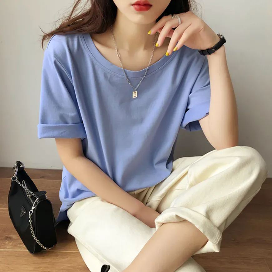 視覺系 休閑 簡約 開叉 套頭 圓領 短袖 素面 遮肉 居家 涼感 T恤
