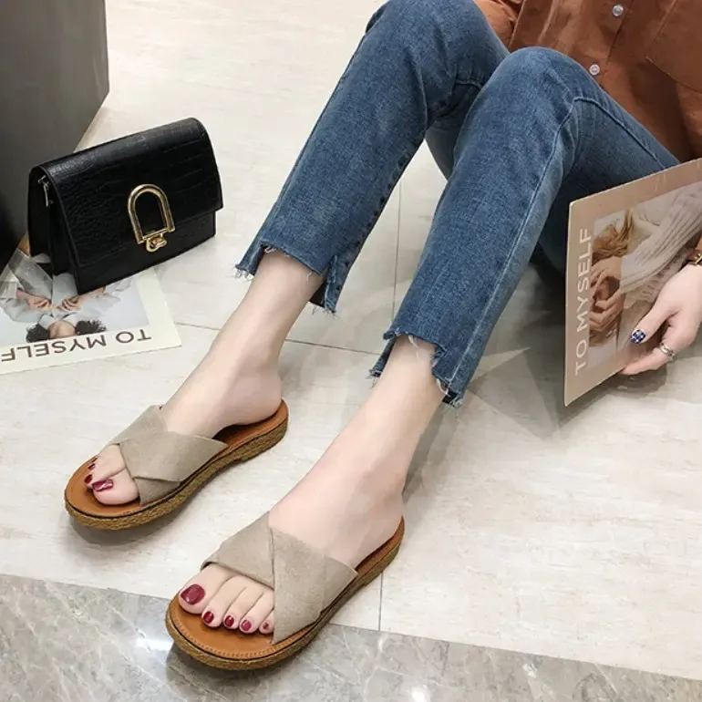 涼拖鞋 休閑 一脚蹬 無内裏 拼接 絨面 平底涼鞋