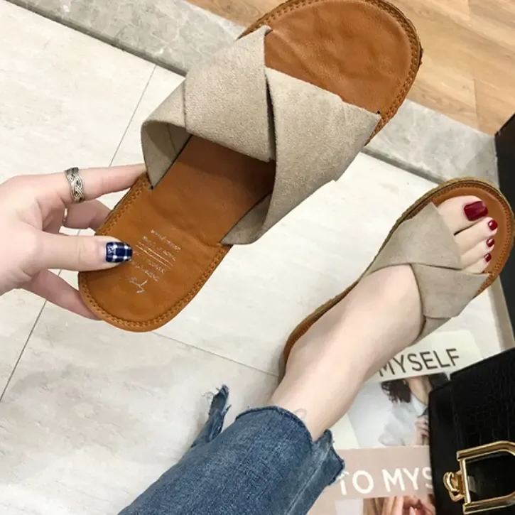 涼拖鞋 休閑 一脚蹬 無内裏 拼接 絨面 平底涼鞋