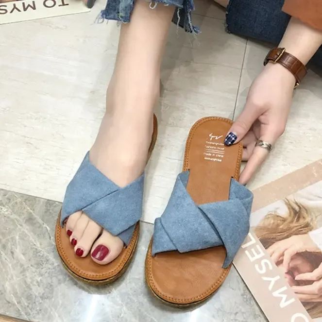 涼拖鞋 休閑 一脚蹬 無内裏 拼接 絨面 平底涼鞋