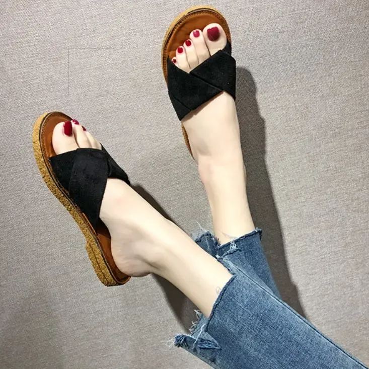 涼拖鞋 休閑 一脚蹬 無内裏 拼接 絨面 平底涼鞋