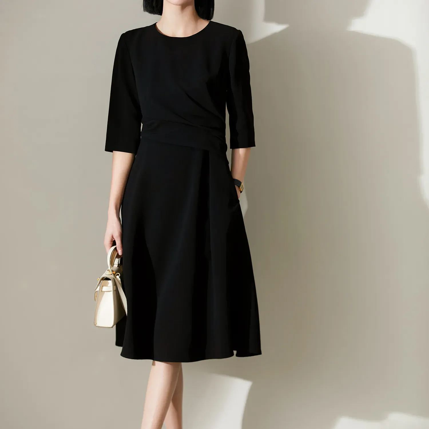 法式 船領 腰間捏褶 氣質 五分袖 約會洋裝