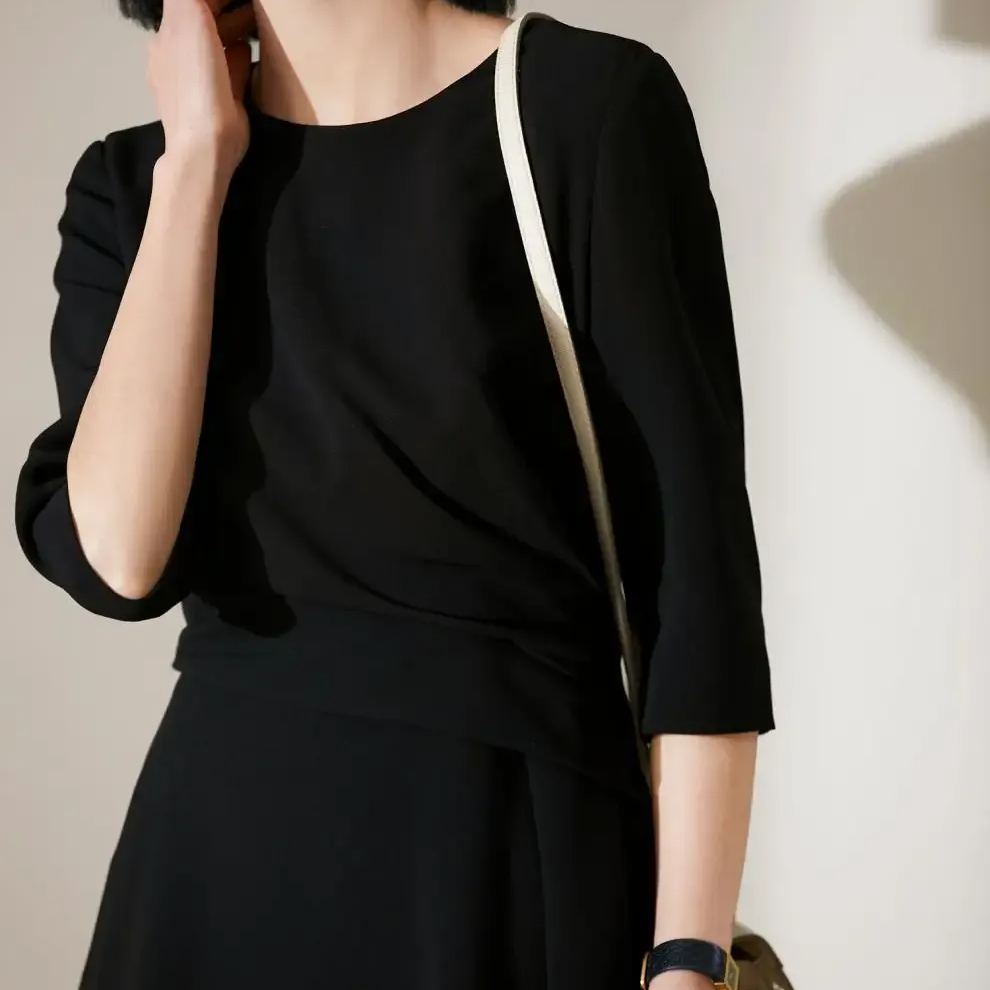 法式 船領 腰間捏褶 氣質 五分袖 約會洋裝