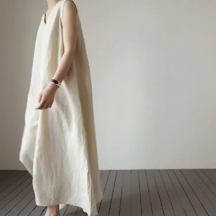 日系 極簡魅力 無袖 v領 素面 棉麻 休閒長洋裝