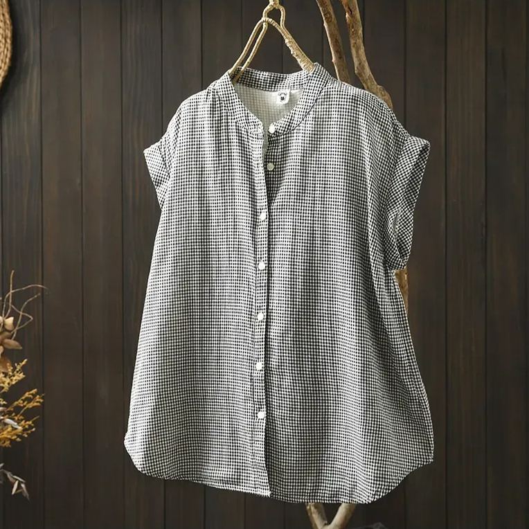 新款日系立領軟糯襯衫 短袖純棉雙層棉紗 無袖翻邊親膚短袖襯衫