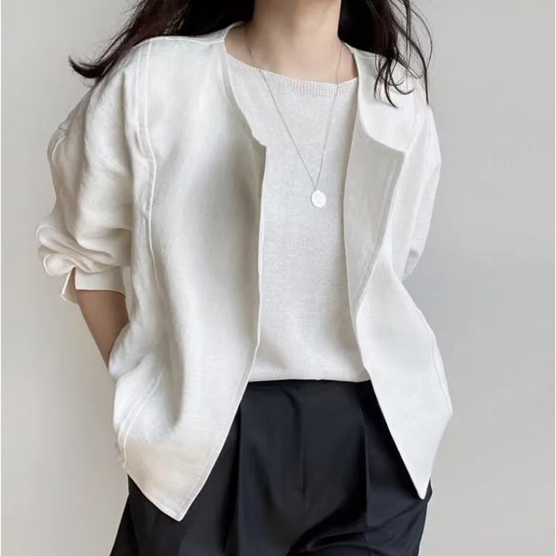 韓國chic 開襟 純色 簡約 薄款 袖口 開叉 長袖 短外套 罩衫外套