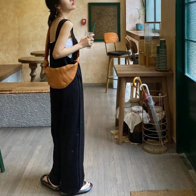 簡約方領連身吊帶寬褲 氣質減齡元氣背帶寬褲連身褲