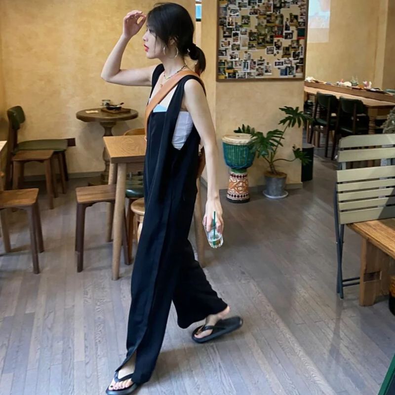 簡約方領連身吊帶寬褲 氣質減齡元氣背帶寬褲連身褲