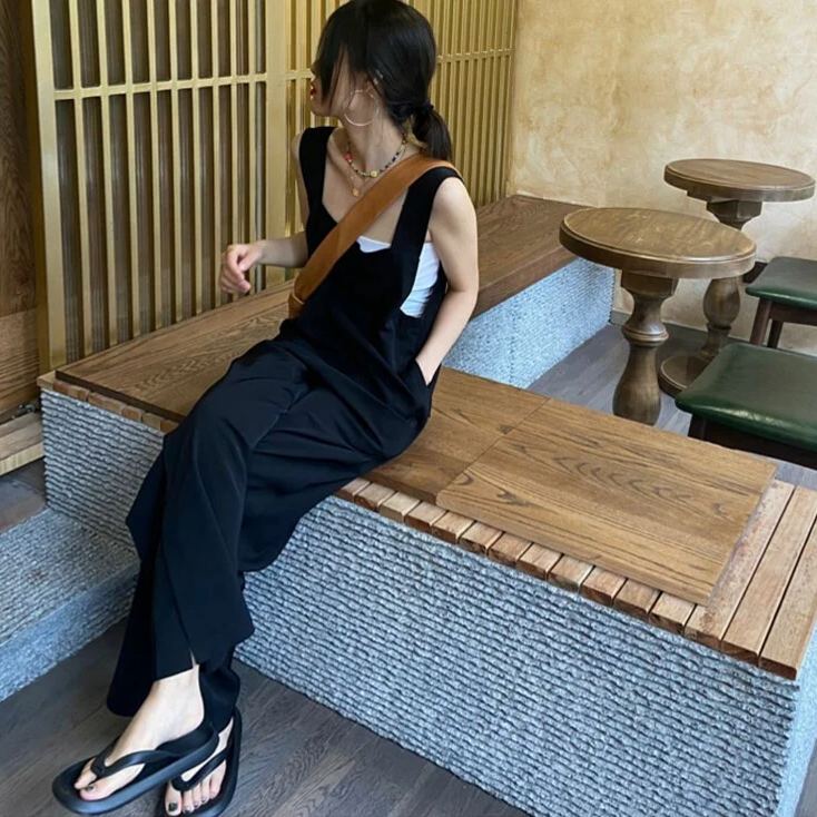 簡約方領連身吊帶寬褲 氣質減齡元氣背帶寬褲連身褲