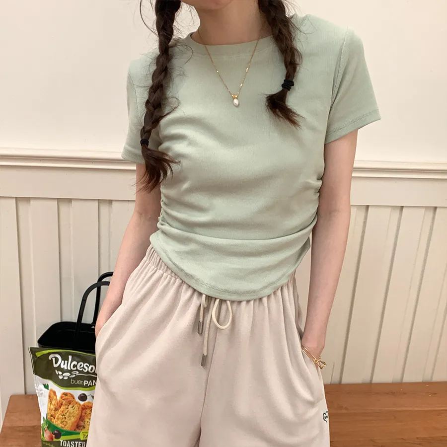 多彩夢幻 收腰抽褶設計款短袖 休閒T恤*4色
