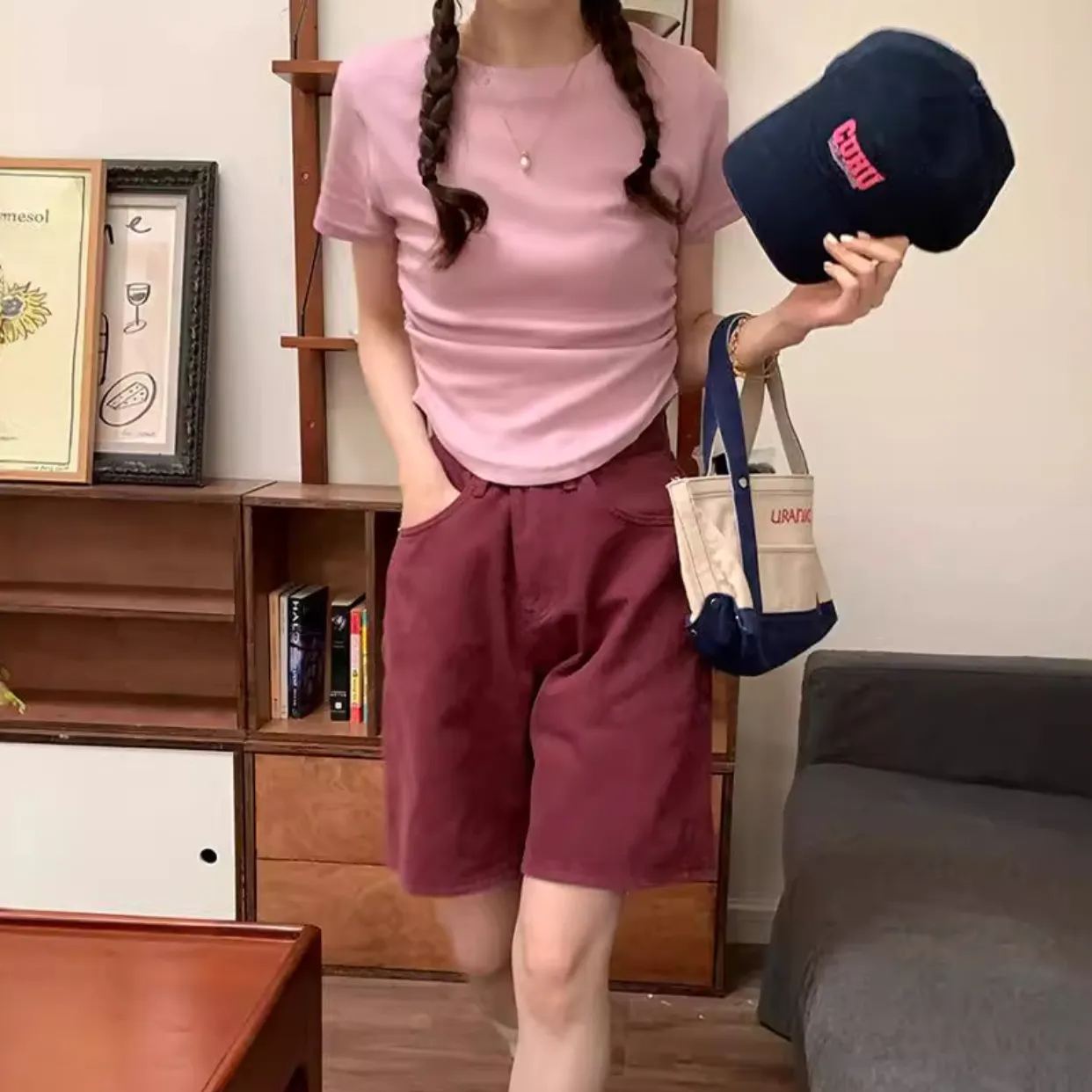 多彩夢幻 收腰抽褶設計款短袖 休閒T恤*4色