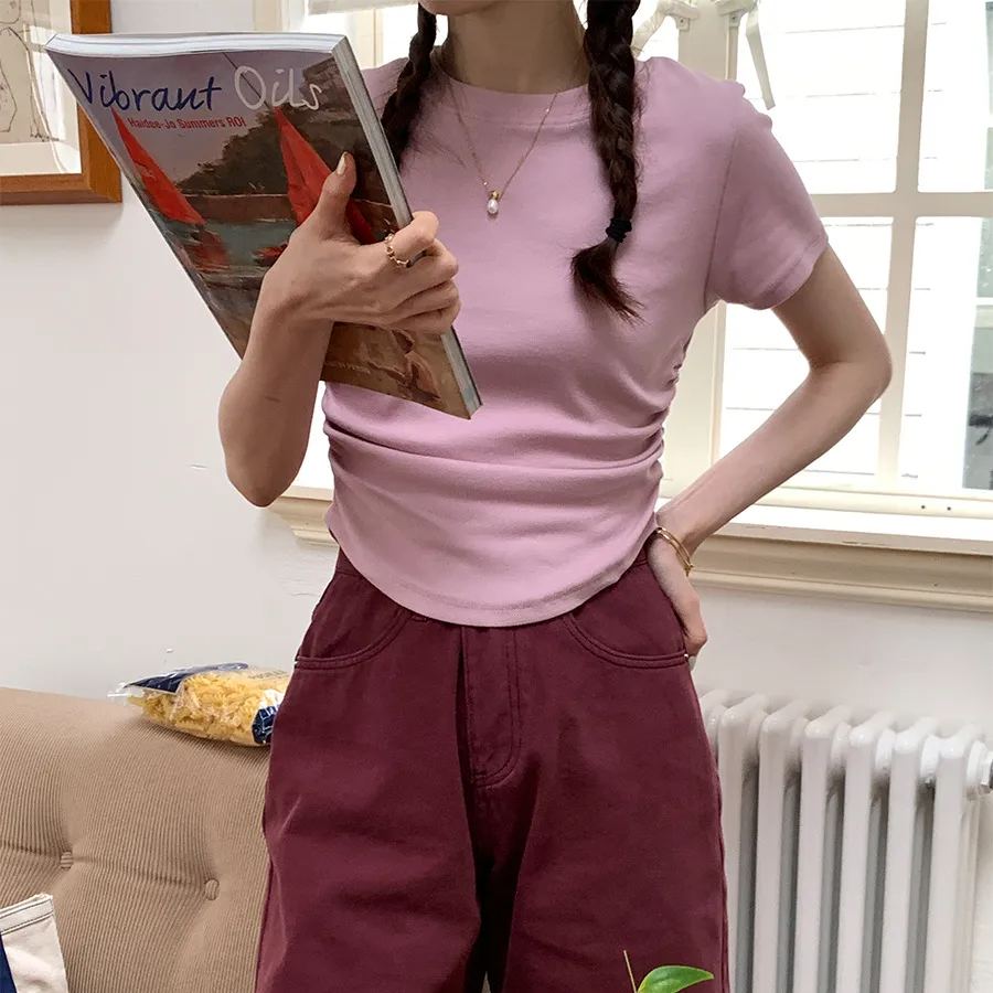 多彩夢幻 收腰抽褶設計款短袖 休閒T恤*4色