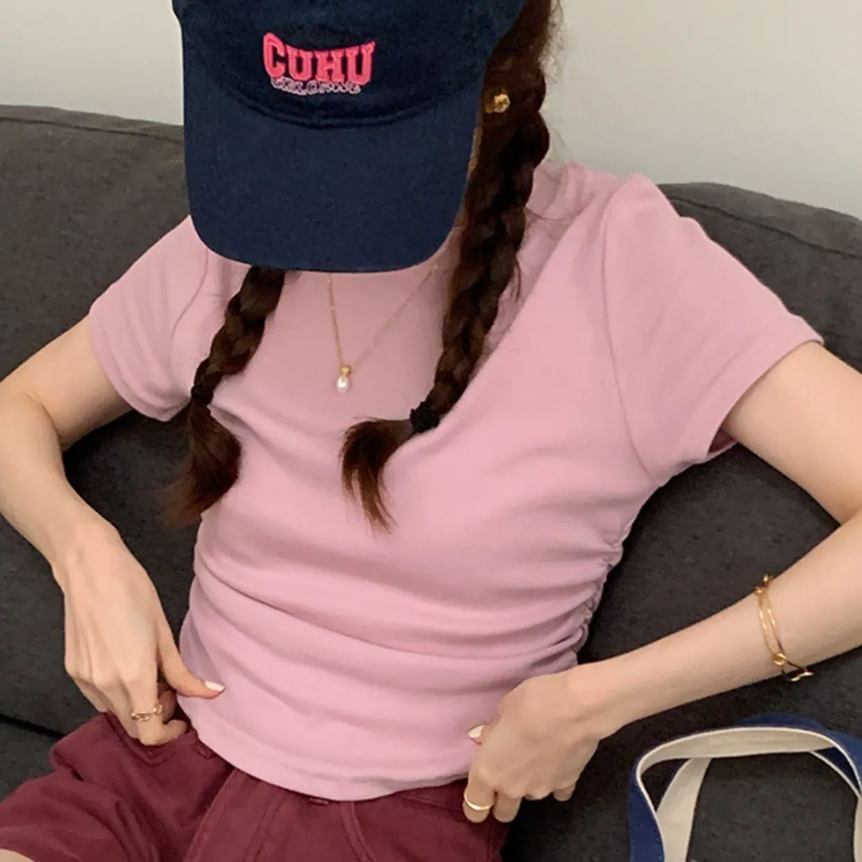 多彩夢幻 收腰抽褶設計款短袖 休閒T恤*4色