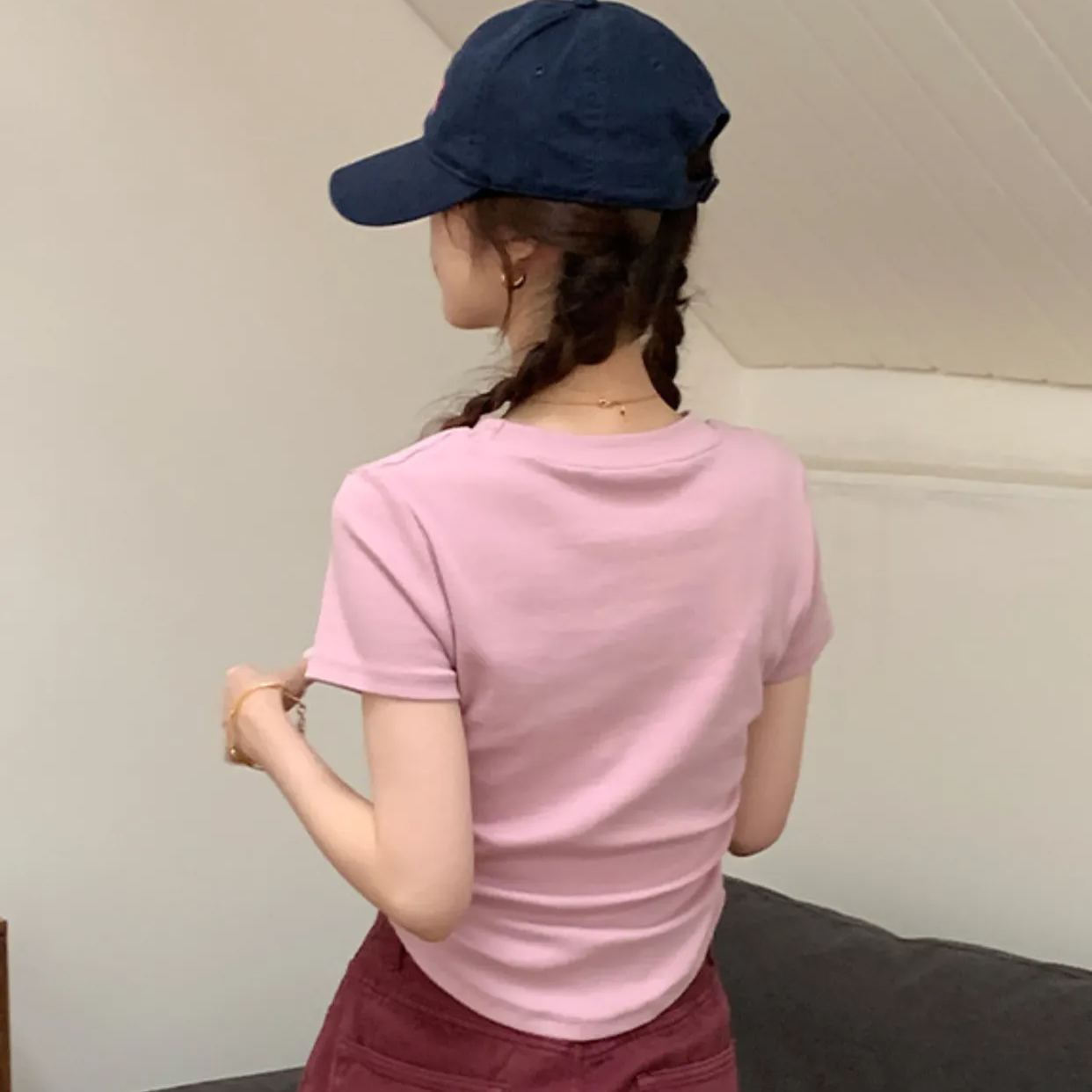 多彩夢幻 收腰抽褶設計款短袖 休閒T恤*4色