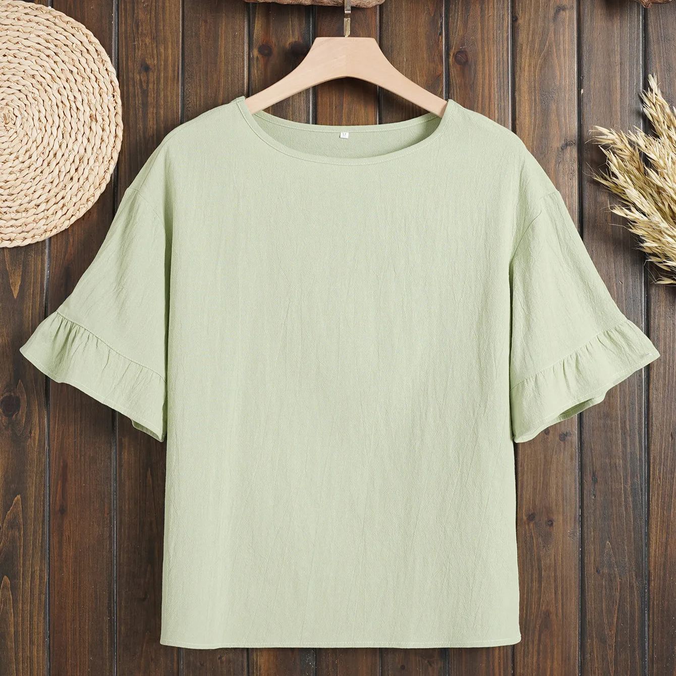 寬鬆大碼棉麻襯衫 純色舒適休閒圓領 棉麻落肩顯瘦女式大碼襯衫