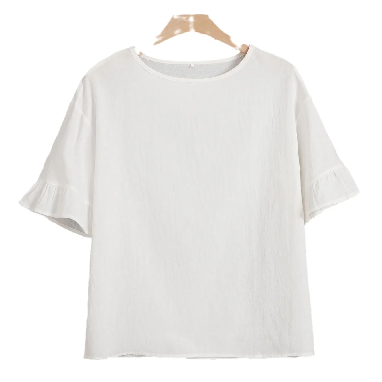 寬鬆大碼棉麻襯衫 純色舒適休閒圓領 棉麻落肩顯瘦女式大碼襯衫