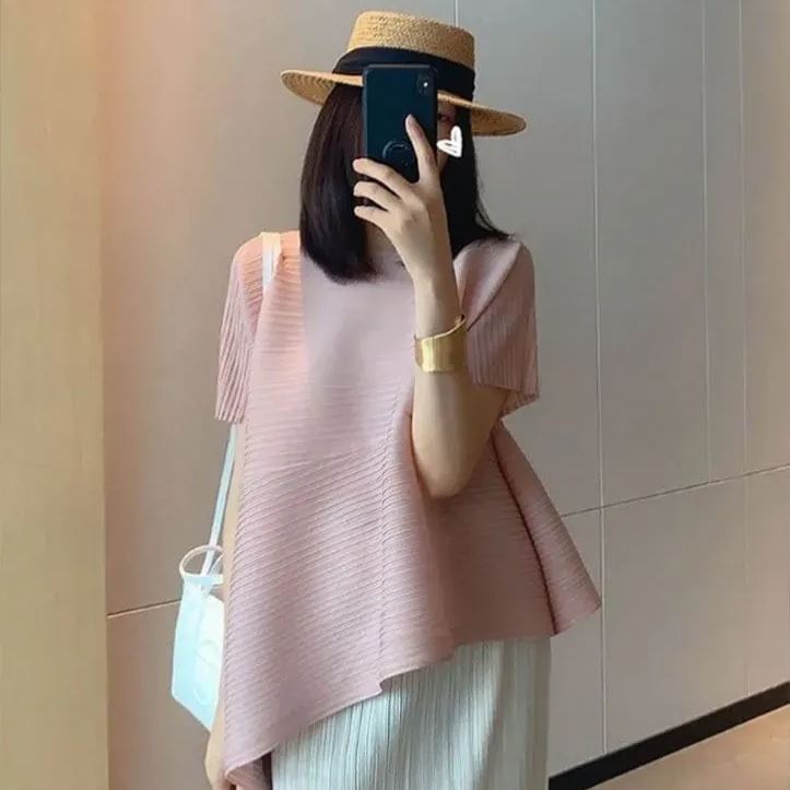 皺褶有袖設計感上衣 不規則短袖 小眾顯瘦t恤