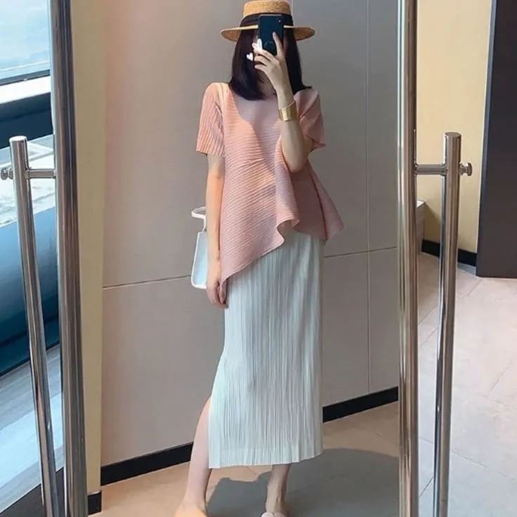 皺褶有袖設計感上衣 不規則短袖 小眾顯瘦t恤