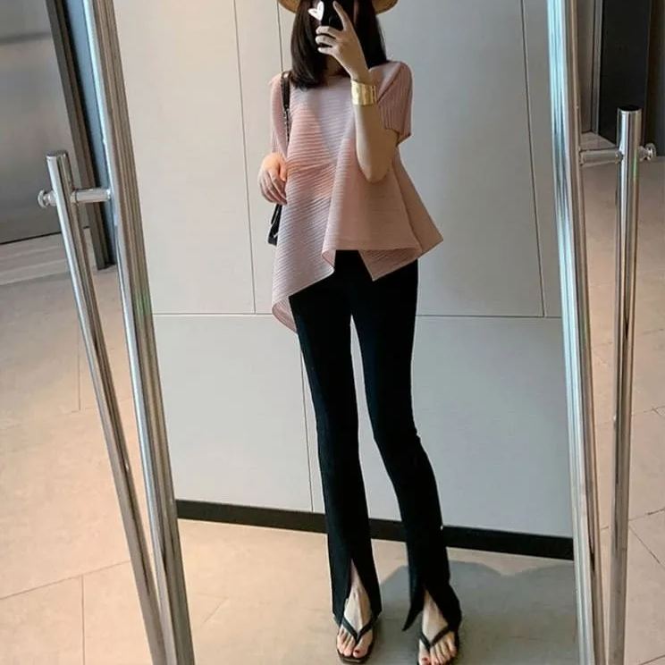 皺褶有袖設計感上衣 不規則短袖 小眾顯瘦t恤