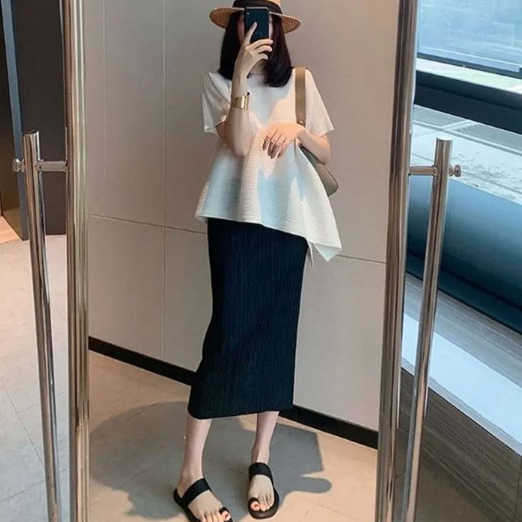 皺褶有袖設計感上衣 不規則短袖 小眾顯瘦t恤