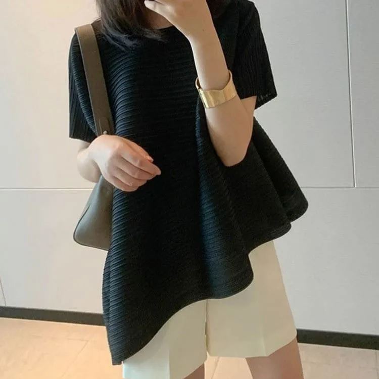 皺褶有袖設計感上衣 不規則短袖 小眾顯瘦t恤