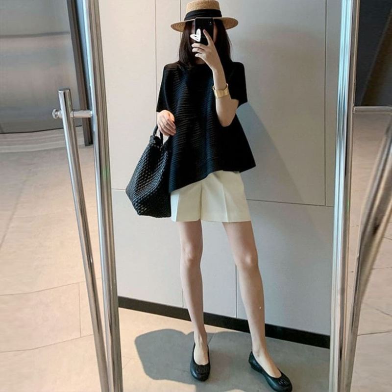 皺褶有袖設計感上衣 不規則短袖 小眾顯瘦t恤