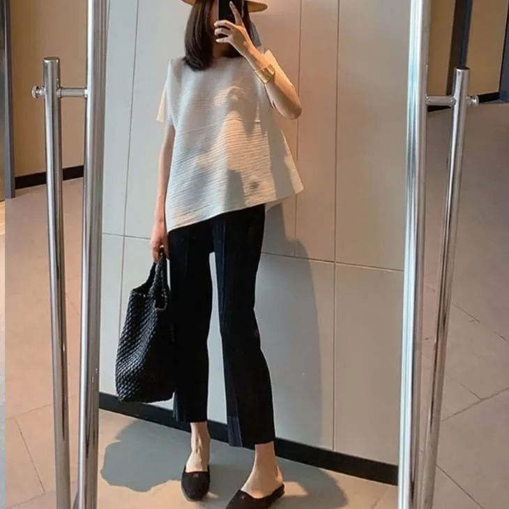 皺褶有袖設計感上衣 不規則短袖 小眾顯瘦t恤