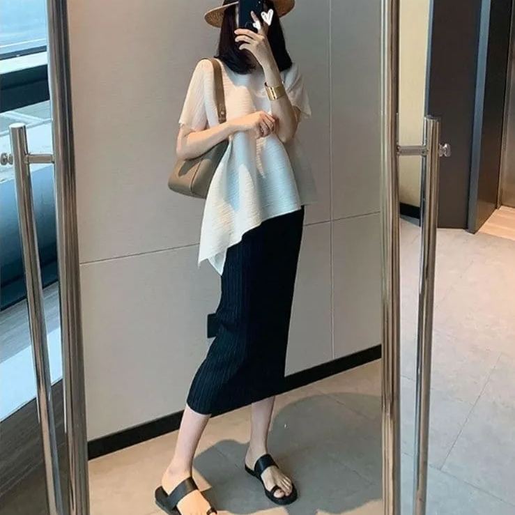 皺褶有袖設計感上衣 不規則短袖 小眾顯瘦t恤