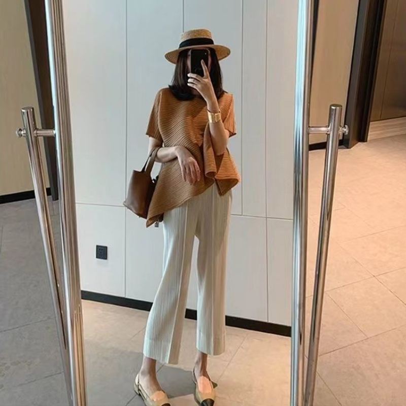 皺褶有袖設計感上衣 不規則短袖 小眾顯瘦t恤