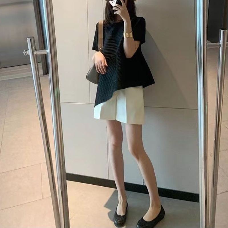 皺褶有袖設計感上衣 不規則短袖 小眾顯瘦t恤