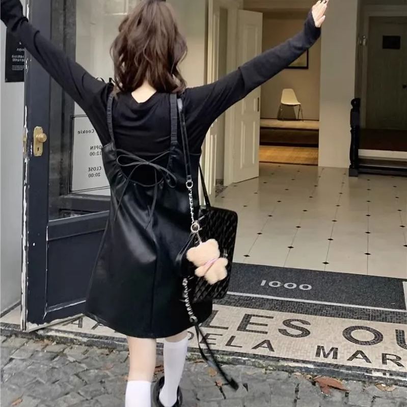 【整套】韓版秋季氣質皮質細肩短洋+高級感顯瘦薄上衣套裝*2色