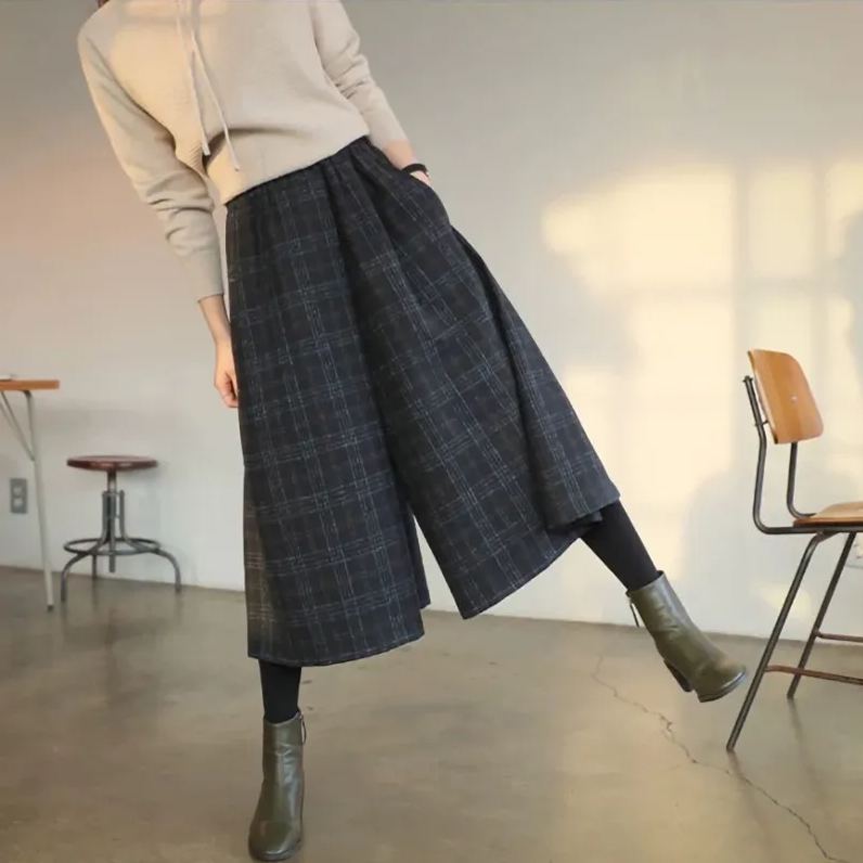 簡約．秋冬格子毛呢褲裙寬褲鬆緊腰