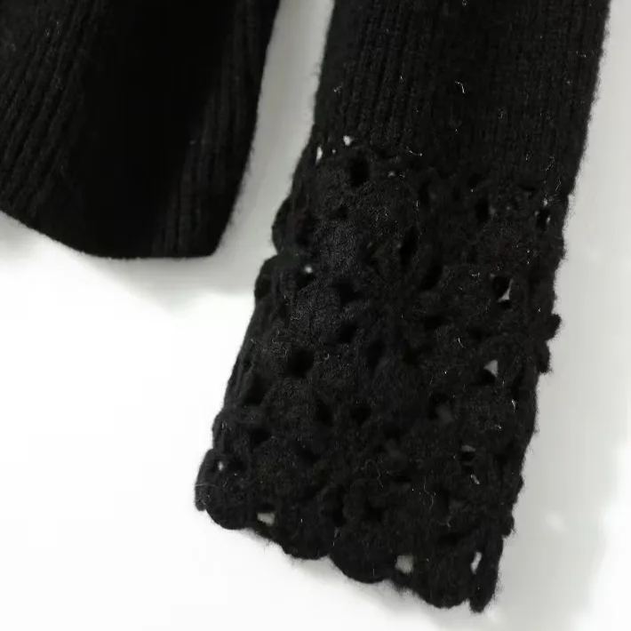 鉤花蕾絲V領寬鬆針織上衣 顯瘦休閒素色毛衣