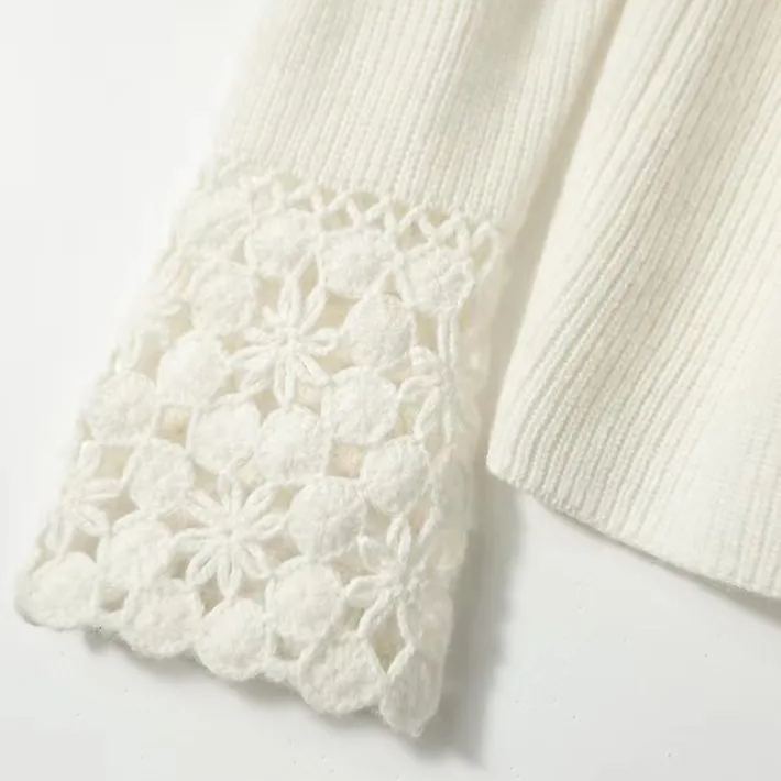 鉤花蕾絲V領寬鬆針織上衣 顯瘦休閒素色毛衣